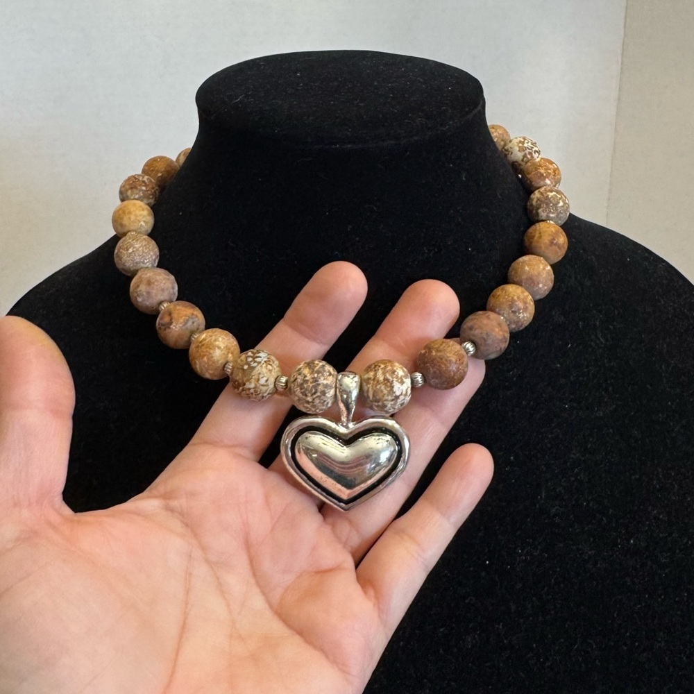 Genuine Picture Jasper 16mm Chunky Beaded Necklace w/ Silver Tone Heart Pendant